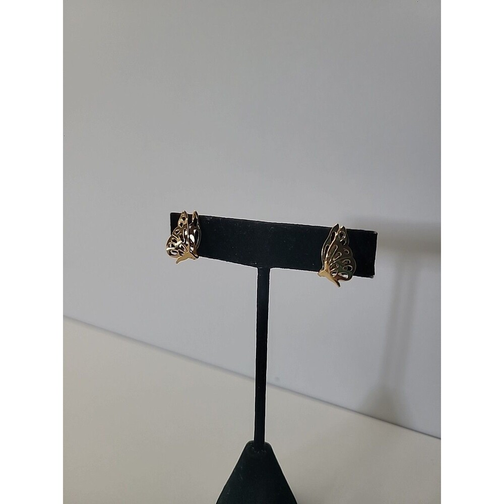 Gold Tone Butterfly Clip On Earrings Green Enamel Nature Vintage Style